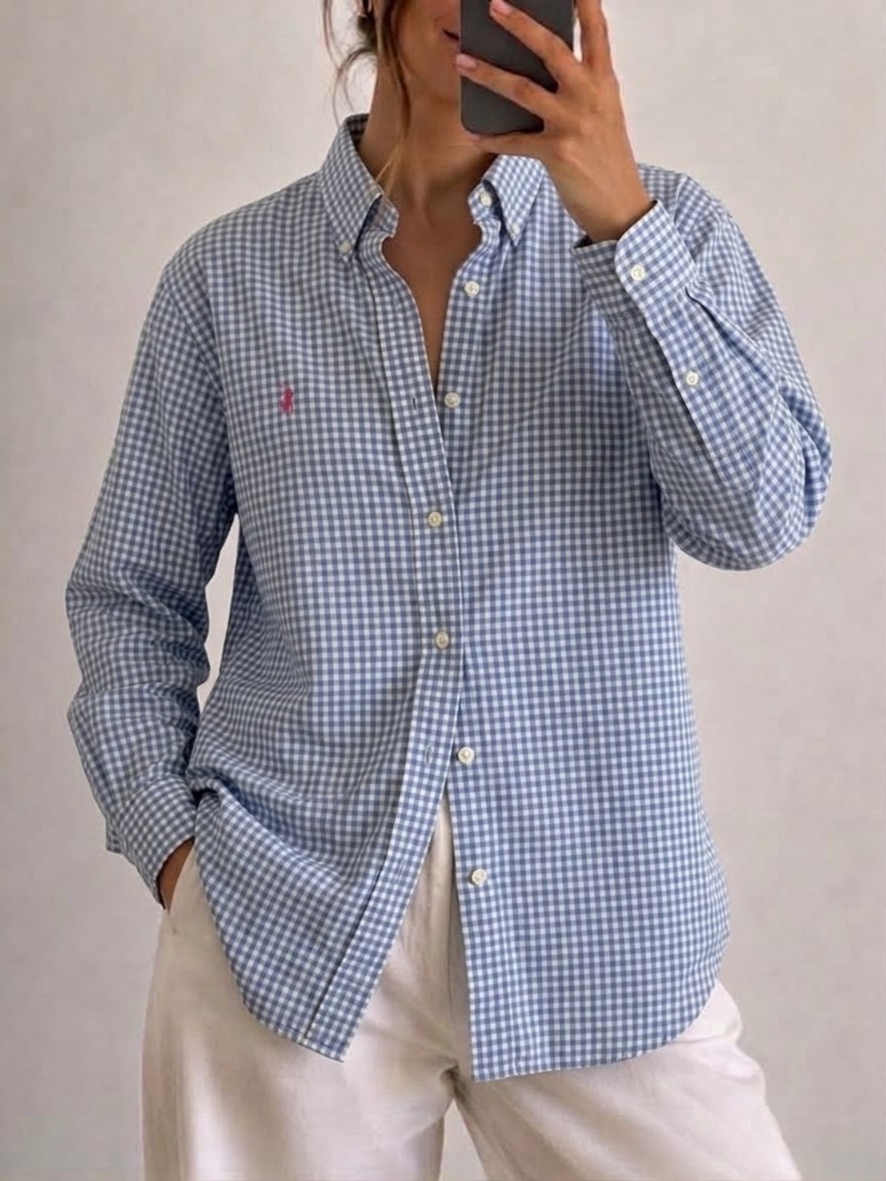 Ralph Lauren Gingham Oversized Button Down Shirt Size Large Women’s Blue Pink